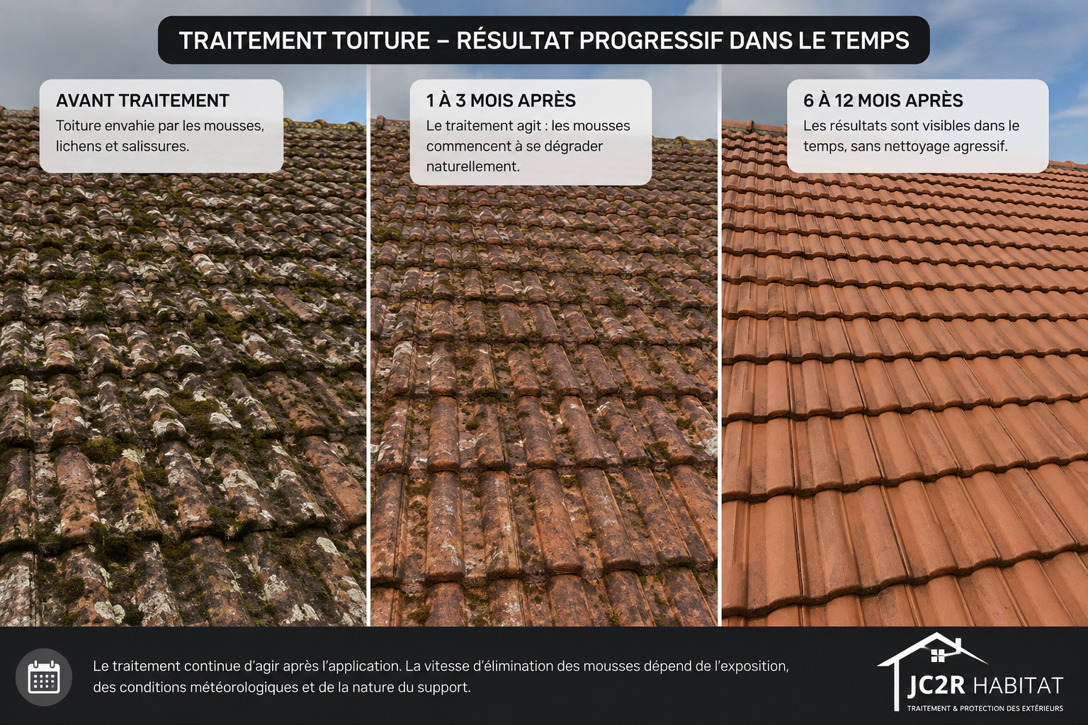 Comparatif d'une toiture en tuiles avant traitement, 1 à 3 mois après, puis 6 à 12 mois après : les mousses et lichens disparaissent progressivement