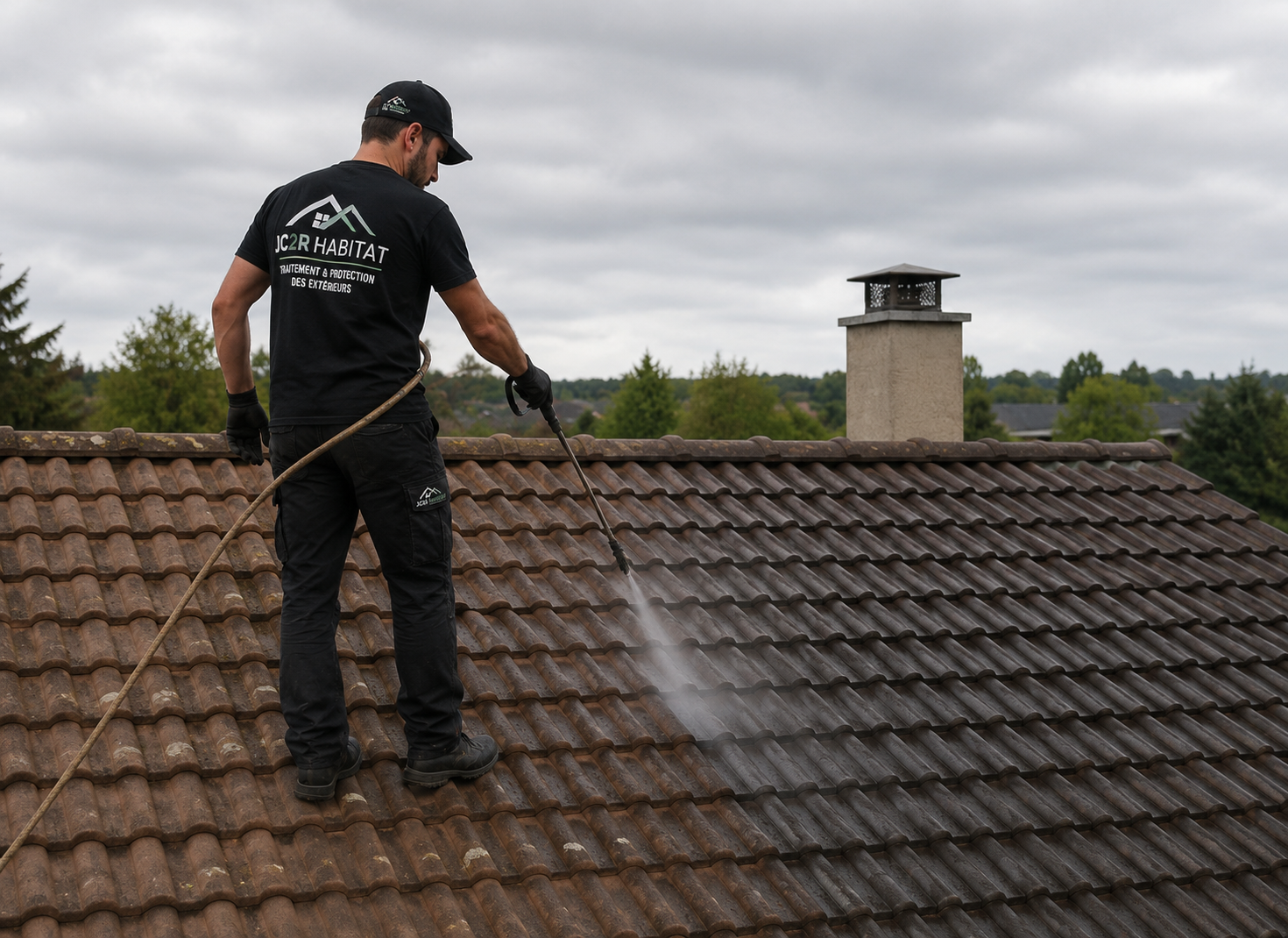 Technicien appliquant un traitement professionnel à basse pression sur une toiture en tuiles